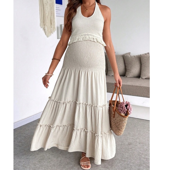Maternity Knit Cropped Halter Top Stretchy Waist Maxi Skirt Set - Picture 3 of 6